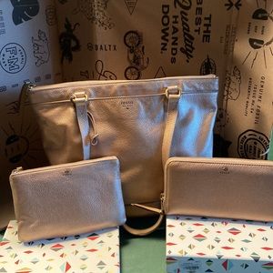 Fossil bundle, rose gold leather tote, zip wallet and make up bag/clutch